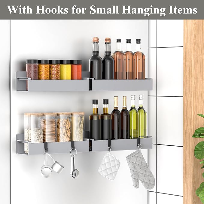 HuggieGems 4 Pack Magnetic Spice Rack Organizer for Refrigerator and Oven, Silver Fridge Organizers and Storage for Kitchen