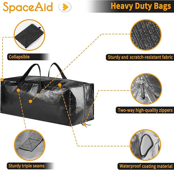 SpaceAid Heavy Duty Moving Bags, Extra Large Storage Totes W/Backpack Straps Strong Handles & Zippers, Alternative to Moving Boxes, Packing & Moving Supplies, Black (10 Pack)