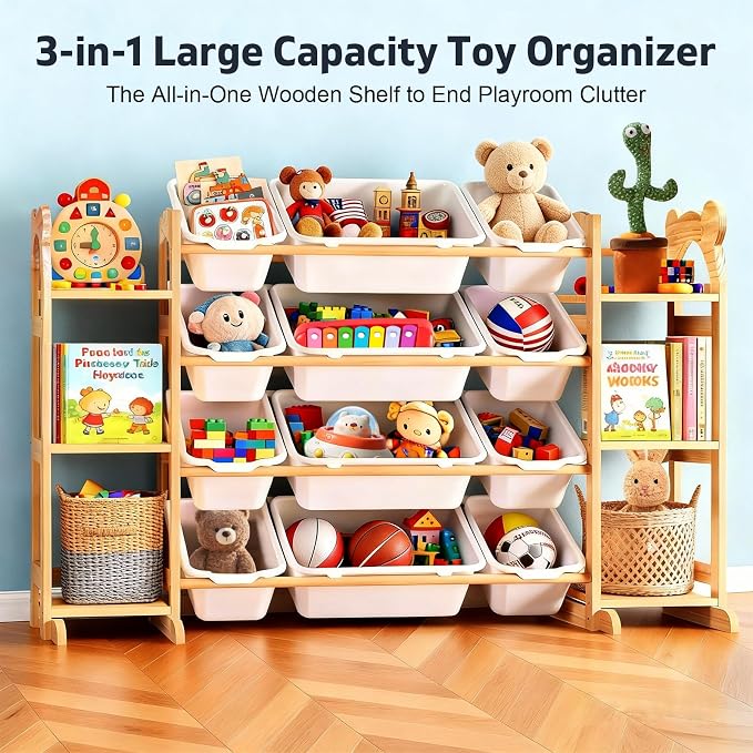 Toy Storage Organizer with 6 Shelves and 12 Bins, Toy Organizers and Storage Shelf with Bookshelf and Bookcase, Toys Box for Kids Room & Playroom & Bedroom & Nursery
