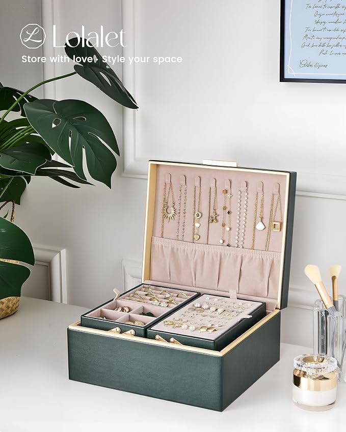 Lolalet Jewelry Box Organizer for Women Girls, 2 Layer Jewelry Organizers and Storage for Necklace Earrings Rings Bracelets, Large Jewellery Holder Case Birthday Gifts -DarkEmerald