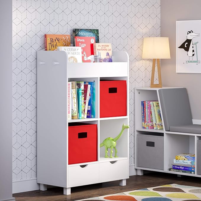 RiverRidge Folding Storage Bins - 2-pack of 10in Tall Red Cubes | Fabric Bins, Set of 2 Storage Cubes, Cut-out Handles, Playroom Closet Organizer, Collapsible Cubby with Bottom Board Insert