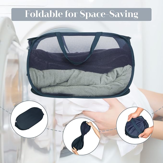 4 Pack Durable Collapsible Laundry Baskets, Mesh Foldable Laundry Basket, Pop Up Laundry Hamper with Pocket, Clothes Hamper with Reinforced Handles for Laundry, Bathroom, Kids Room, Dorm or Travel