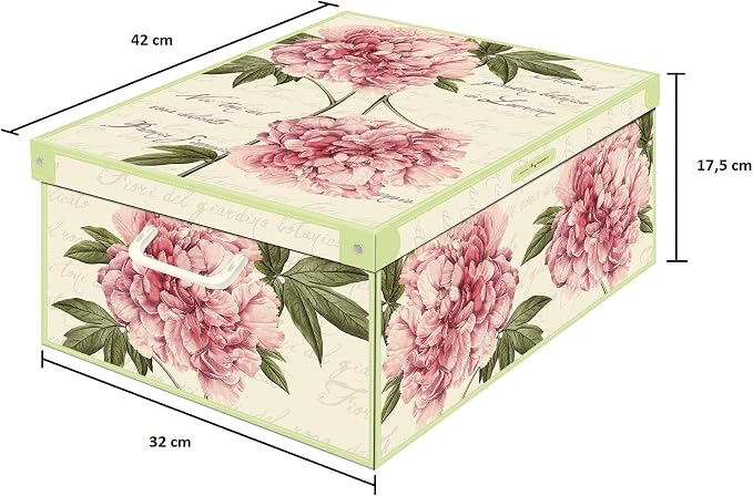 Lavatelli: Storage Box: Medium - Peony - Lid & Side Handles, Decorative Cardboard Organizer, Stacking, Folds, Home-Clothes-Linens, 16.5 x 12.6 x 6.9 | Organiser box in cardboard with lid, single box of 32x42x17.5 cm, for clothes and blankets. Made in I...