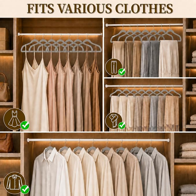 Velvet Hangers 50 Pack, Non Slip Clothes Hangers with Shoulder Notches, Slim Felt Hanger with 360° Swivel Hook, Space-Saving, Heavy Duty, for Coat, Shirt, Pants, Dress, Suits, Gray