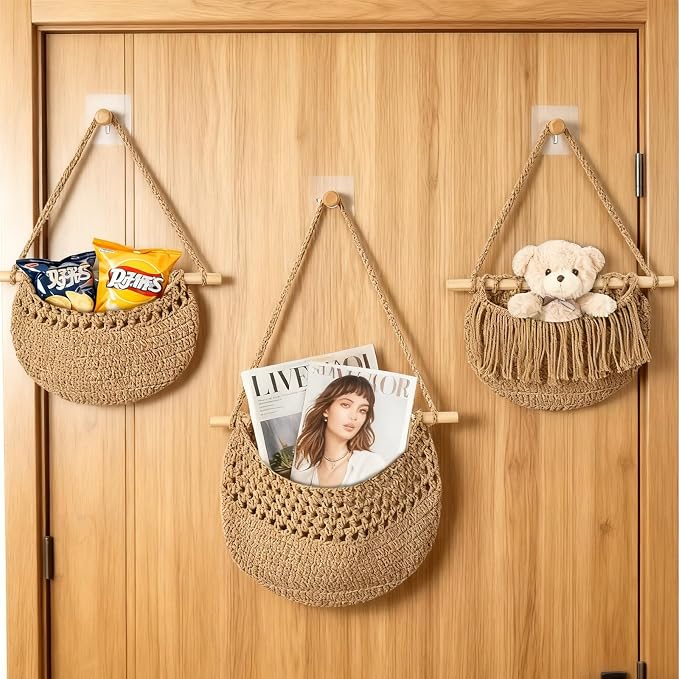 Halidali 3 Tier Hanging Fruit Baskets for Kitchen, Boho Cotton Rope Handwoven Vegetable Hammock Produce Storage Wall Mounted Large Organizing Basket for Farmhouse Decor, Onion, Potato (Linen)