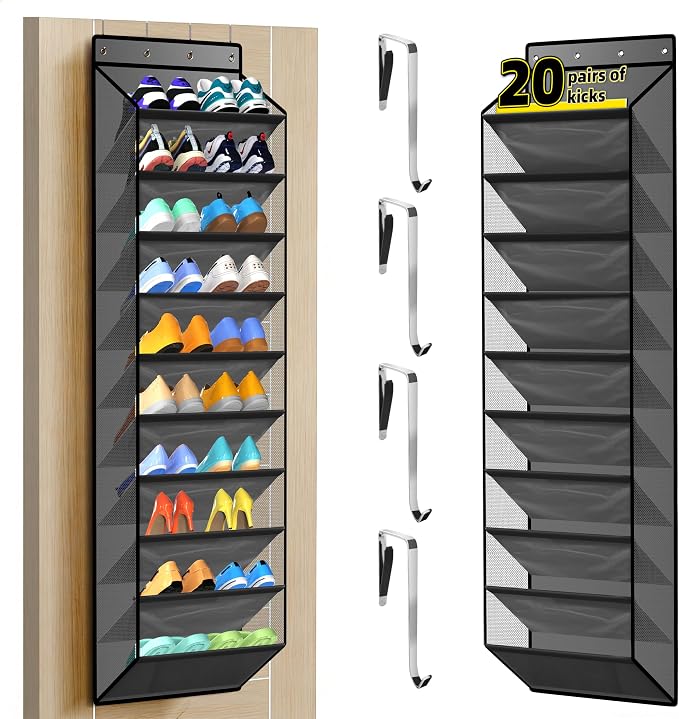 PAULONE 10-Pocket Multi-Use Over the Door Organizer, Heavy Duty 95lbs Capacity with Breathable Mesh, Versatile Hanging Storage for Shoes, Toys, Office Supplies-Classic (Slate Grey, 10-Shelf,)