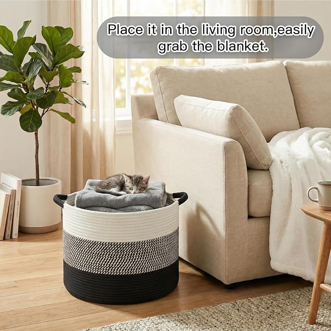 Artfeel 100L Large Cotton Rope Basket, Decorative Woven Blanket Storage for Living Room, Boho Toy Storage & Toy Box for Kids, Versatile Laundry Basket & Nursery Hamper for Blankets(Black)