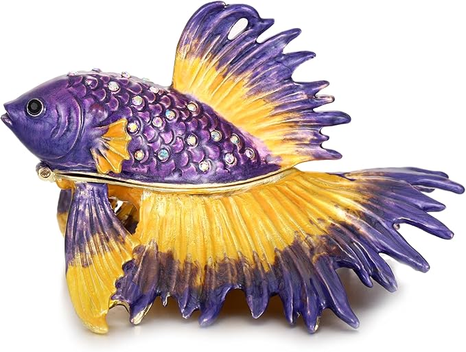Hand Painted Animal Trinket Box for Home Decor, Hinged Jewelry Organizer Storage, Unique Personalized Collectible Keepsake Figurine Handmade Decorative Ornament Gifts (Crowntail Beta Fish)