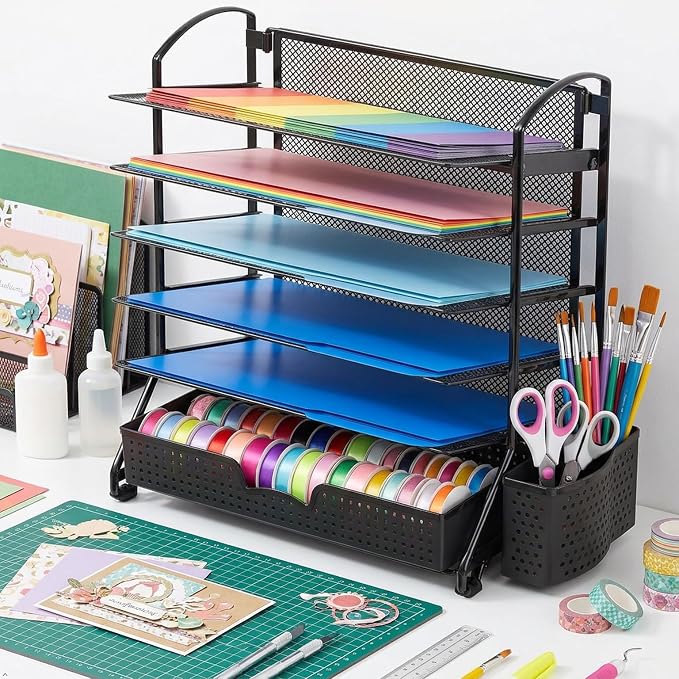 Simple Houseware 6-Tier Desk File Organizer w/Drawer & Pen Holder, Black | 5 Tilted Letter Trays for A4 Paper, Mail and Documents