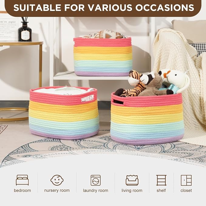 Temary Woven Baskets for Storage 3 Pack Storage Baskets for Organizing, Rectangle Decorative Rope Baskets for Storage Clothes, Towels, Storage Bins with Handles (Rainbow, 13"x9.8"x8.5")