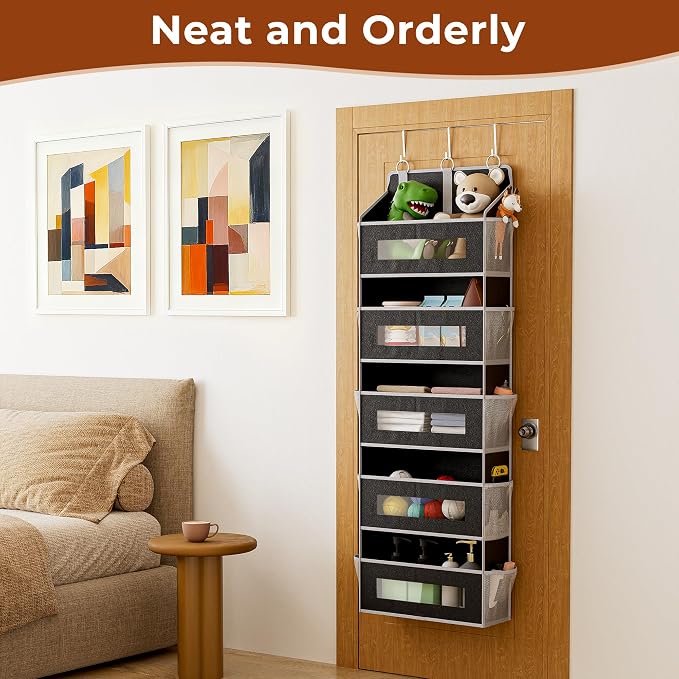 2 Pcak 5 Tier Over The Door Organizer - Large Capacity Behind Door Hanging Shelves with 10 Mesh Pockets and Clear Windows, Closet Organizers and Storage for Bathroom, Bedroom, Nursery, Black
