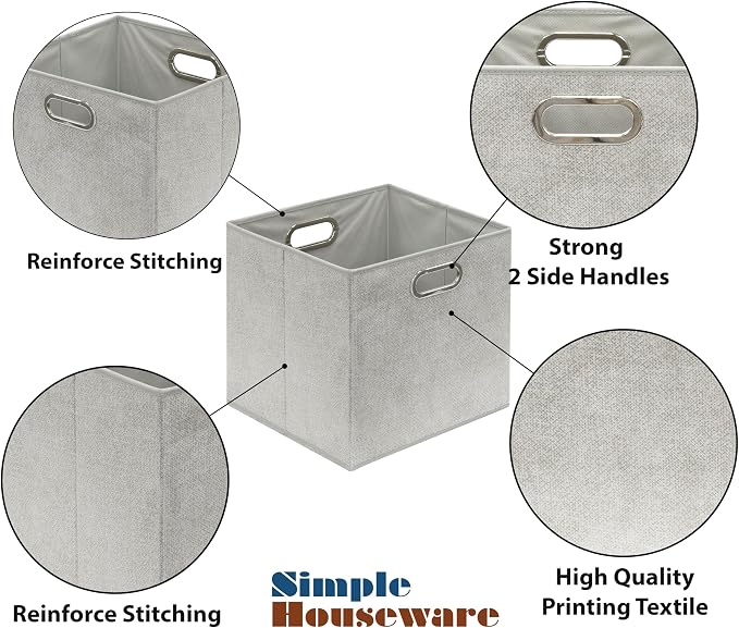 Simple Houseware 13-Inch Collapsible Fabric Cube Storage Bin with Handles, Printed Design, 3 Pack, Gray
