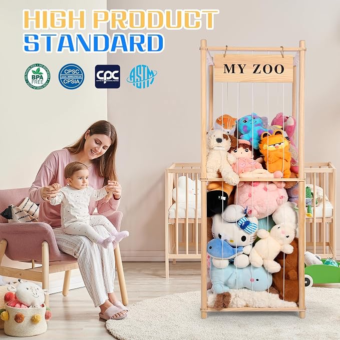 GLDZI Stuffed Animal Storage Zoo, Wooden Stuffed Animal Organizer with Elastic Cords for Boys Girls, Space Saving Toy Plushies Storage Holder for Playroom, Bedroom, Living Room (Burlywood, Large)