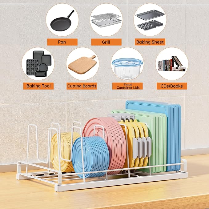 Food Container Lid Organizer for Cabinet with 6 Adjustable Divider | Detachable,Metal Pot Lid Organizer Rack Storage Plastic Lids Pots Bakeware for Cabinets, Cupboards,Pantry, Drawers (White)