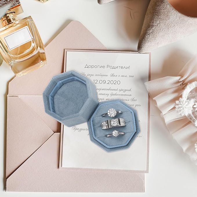 WantGor Velvet Ring Box, 3 Slots Jewelry Ring Gift Box Vintage Ring Holder | Ring Display Case for Wedding Ceremony Proposal Engagement (Ocean Blue)