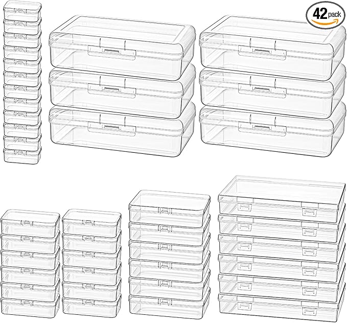 42 Pack Rectangular Clear Plastic Storage Containers | Mixed Sizes, Hinged Lid, For Beads and Small Craft Items