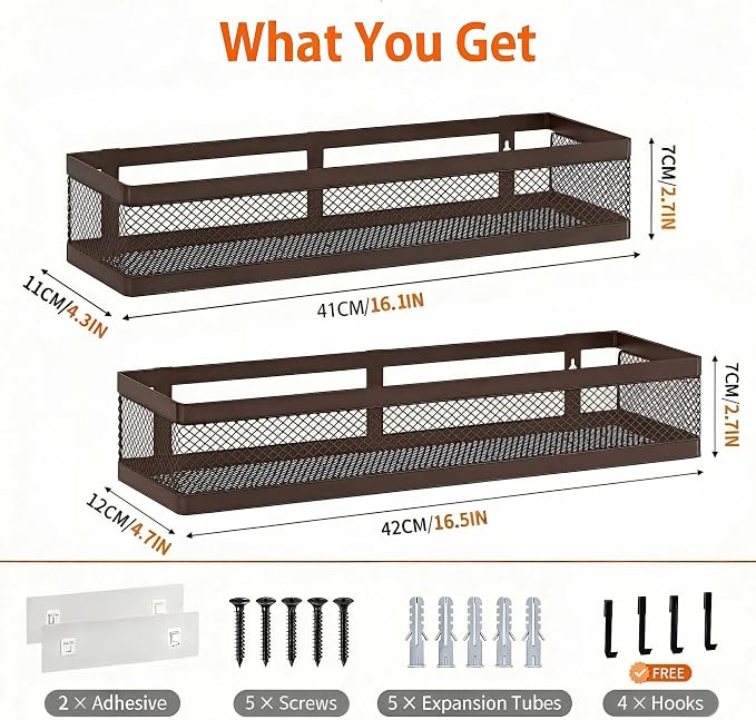 PUSDON 16.5-Inch Extra Long Slim Mesh Shower Caddy, Wall Mounted Bathroom Organizer with Adhesive, Heavy Duty Rustproof Shelf for Narrow Kitchen Pantry & RV, Holds 50 LBS Bronze -2 Packs Netting