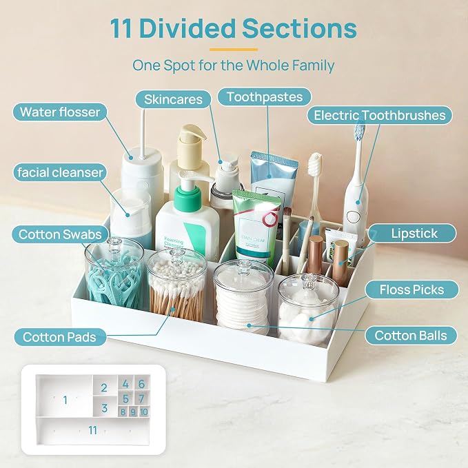 Vtopmart 5 PCS Bathroom Countertop Organizer, 1 Divided Tray with 4 Qtip Holder Jars, Restroom Clear Organizers for Toothbrush, Cotton Pads Balls, Floss, Bathroom Vanity Accessories Storage Set, White