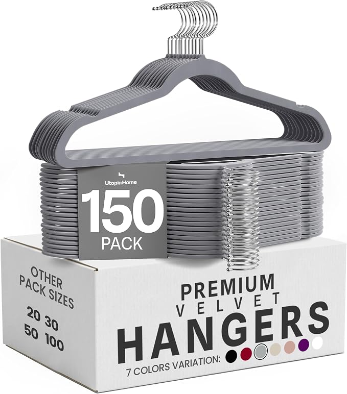Utopia Home Velvet Hangers, Grey, 150 Pack | Luxury Non-Slip Slim Pant & Coat Hangers, Strong Space-Saving Clothes Hangers with Pants Bar and 360° Swivel Hook