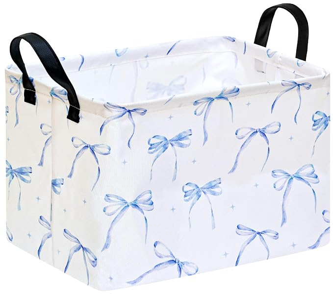 Blue Bow Storage Basket, Rectangle Closet Baskets Foldable Organizer Bin with Handles for Bedroom Nursery Home Office Dorm Room