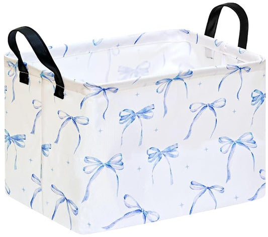 Blue Bow Storage Basket, Rectangle Closet Baskets Foldable Organizer Bin with Handles for Bedroom Nursery Home Office Dorm Room