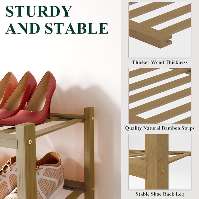Smiry Bamboo Shoe Rack for Closet, 2 Tier Long Wooden Shoe Organizer, Stackable Wood Shoe Storage Shelf for Entryway, 14 Vertical Slats, One-piece Heavy-Duty Legs, 33.86"x11.02"x12.99", Walnut