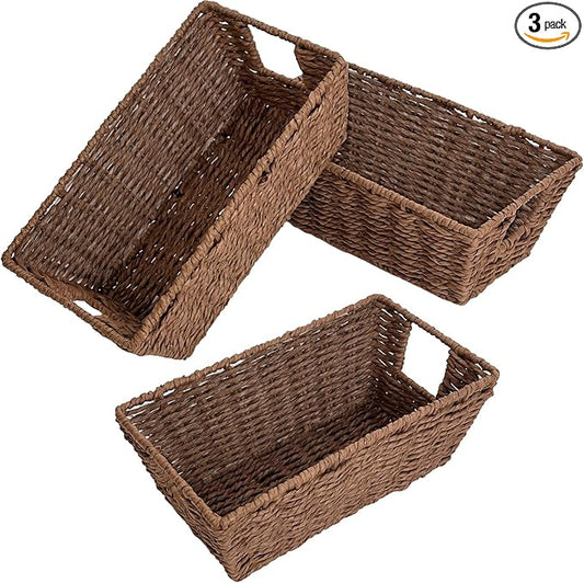 Paper Rope Storage Baskets for Shelves Organizing, Small Hand Woven Wicker Organizer Basket with Handle for Bathroom Toilet Paper Storage, Brown, 3-Pack