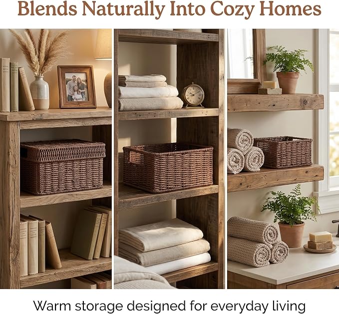Wicker Storage Basket with Lid - Woven Basket for Storage,Rectangular Decorative Boxes Bins with Lids for Shelves,living room, Nursery, 3 baskets+1 lids(Dark Brown)