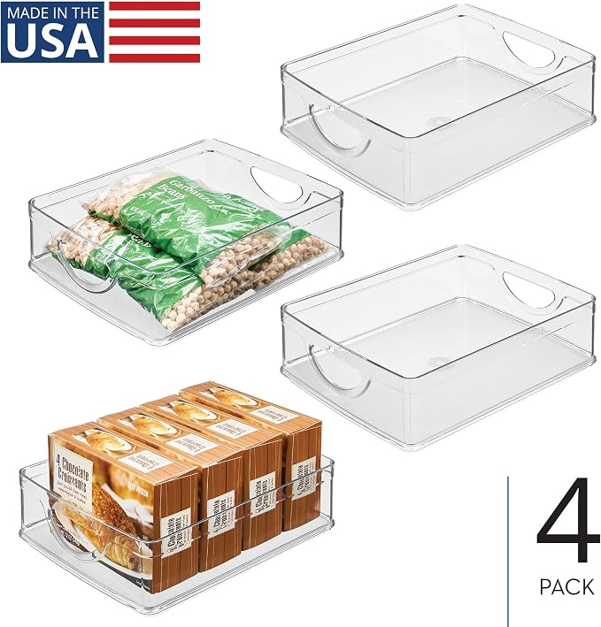 iDesign Plastic Stackable Pantry Bin, Set of 4, Clear | Storage Bin with Handles, For Cabinets or Fridge