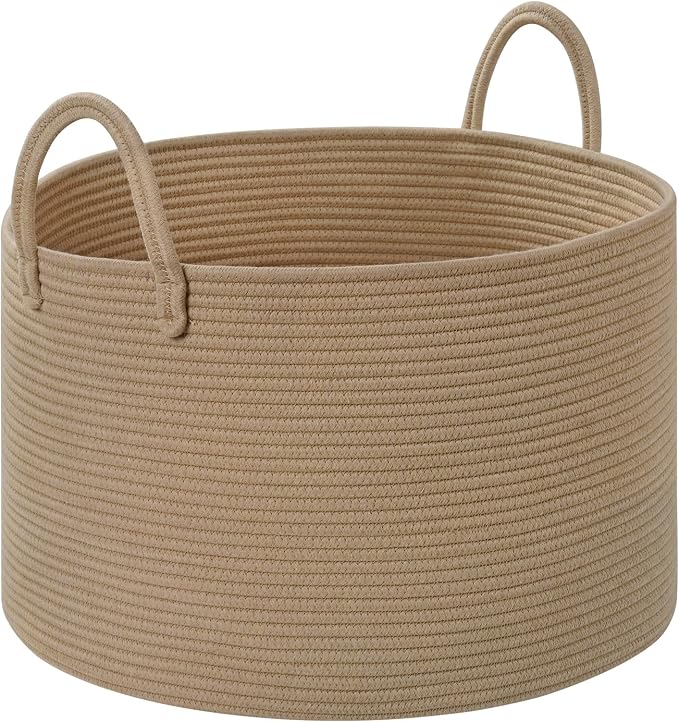 67L Large Woven Blanket Basket, Cotton Rope Baby Laundry Hamper with Handles, Kids Toy Basket for Classroom & Nursery, Soft Round Stuffed Animal Storage, Dog Toy Bin - 20"x13", Brown