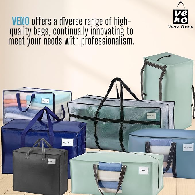 VENO 6 Pack Clear Moving Bags Heavy Duty, 90L Extra Large Transparent Storage Bags, 50lbs Loads, Zippers, Handles & Tag, Moving Boxes Alternative for College Dorm Essentials, Closet