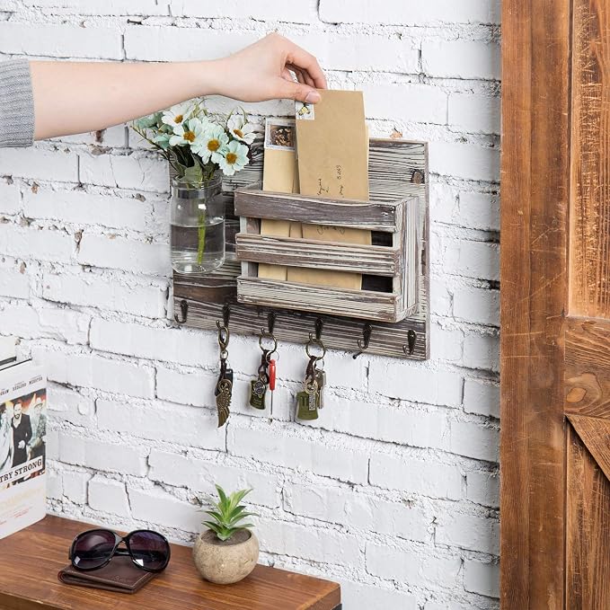 MyGift 6 Hook Wall Mounted Entryway Key Hanger and Mail Holder Basket, Rustic Torched Wood Hanging Home Organizer Rack with Decorative Mason Jar Flower Vase