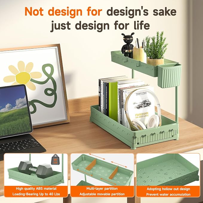 Sevenblue 3 Pack Multi-Purpose Pull-Out Storage Organizers, 2-Tier L-Shaped Under Sink/Cabinet Organizers and Storage for Bathroom & Kitchen,Green,14.85 Inch