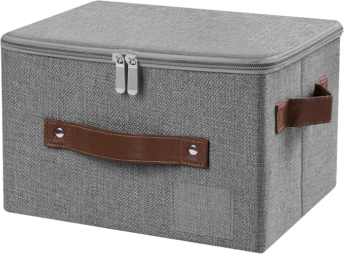 ANMINY Storage Bins with Zipper Lid Storage Boxes with Label Holder PU Leather Handles Washable Foldable Decorative Lidded Cotton Linen Fabric Cubes Baskets Closet Organizer - Gray, Small