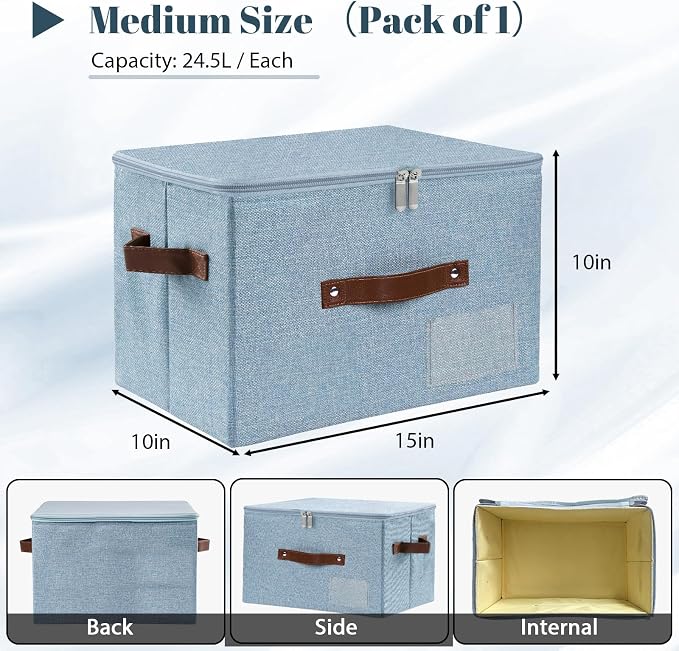 ANMINY Storage Bins with Zipper Lid Storage Boxes with Label Holder PU Leather Handles Washable Foldable Decorative Lidded Cotton Linen Fabric Cubes Baskets Closet Organizer - Blue, Medium