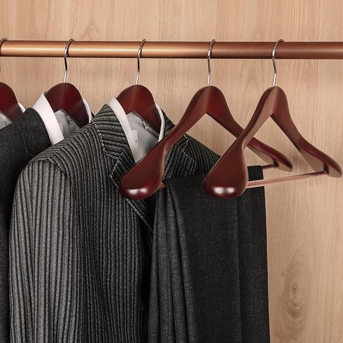 TOPIA HANGER Wide Shoulder Wooden Hangers, Suit Hangers with Non Slip Pants Bar & 360° Swivel Hook, Solid Wood Heavy Duty Coat Hanger, 6 Pack (Matte Cherry)-CT02C
