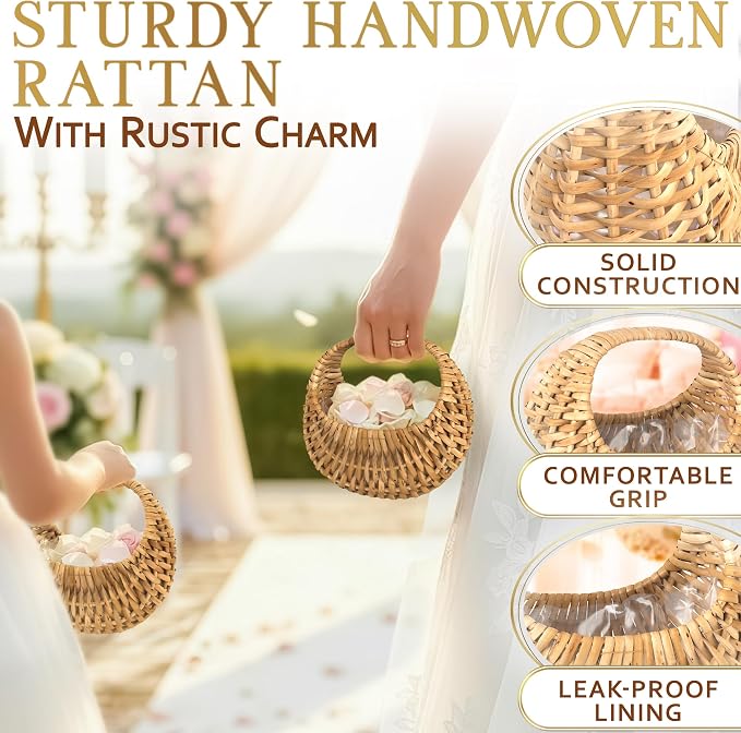 Flower Girl Basket Set of 2, Rattan, 6.3" x 5.12" x 3.75" | Rustic Small Wicker Baskets with Handle & Waterproof Lining; for Wedding, Bridal Shower, Flower Petals, Gifts & Photo Props