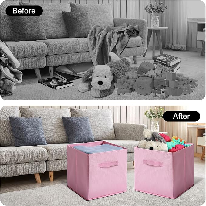 Fabric Storage Bins - 6 Pack Collapsible Cube Organizer for Closet, Shelves & Living Space, Pastel & Dark Color Options - Foldable Storage Boxes with Handles for Clothes (Pink, 11 inch)