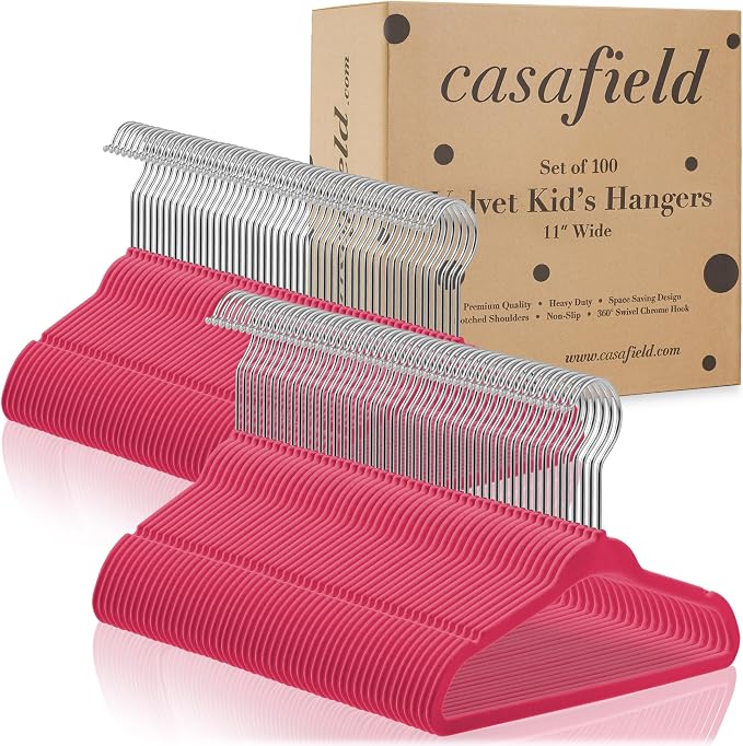 Casafield 100 Velvet Baby Hangers - 11" Size for Infant & Toddler Clothes - Pink
