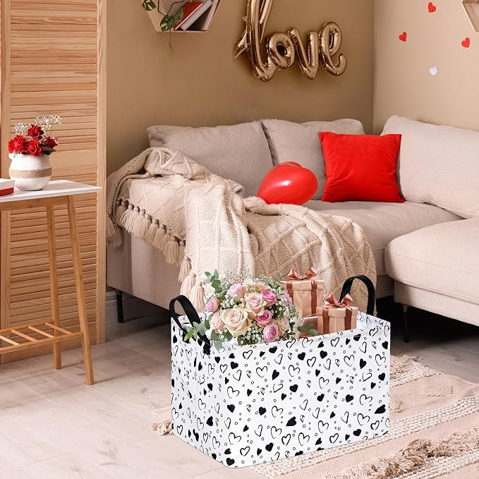 MAIZMZ Girls Empty Gift Basket Heart Print Storage Cube for Women, Closet Shelf Organizer Bins with Handles Nursery hamper Kids Toys Books Box Room Deco