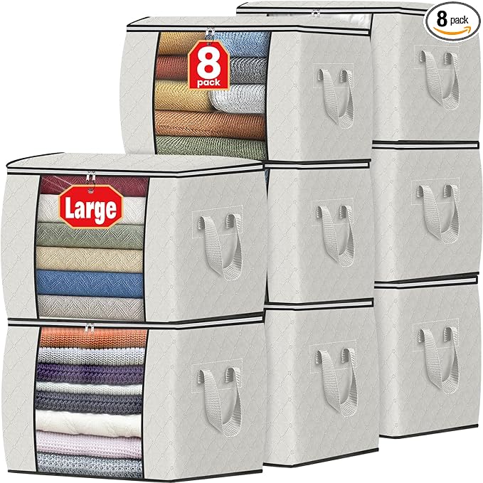 Fab totes 24 Gallons Clothes Storage, Foldable Thick Fabric Blanket Storage Bags, Containers for Organizing Bedroom, Closet, Clothing, Comforter, Organization with Handle (8 Pack,Ivory)