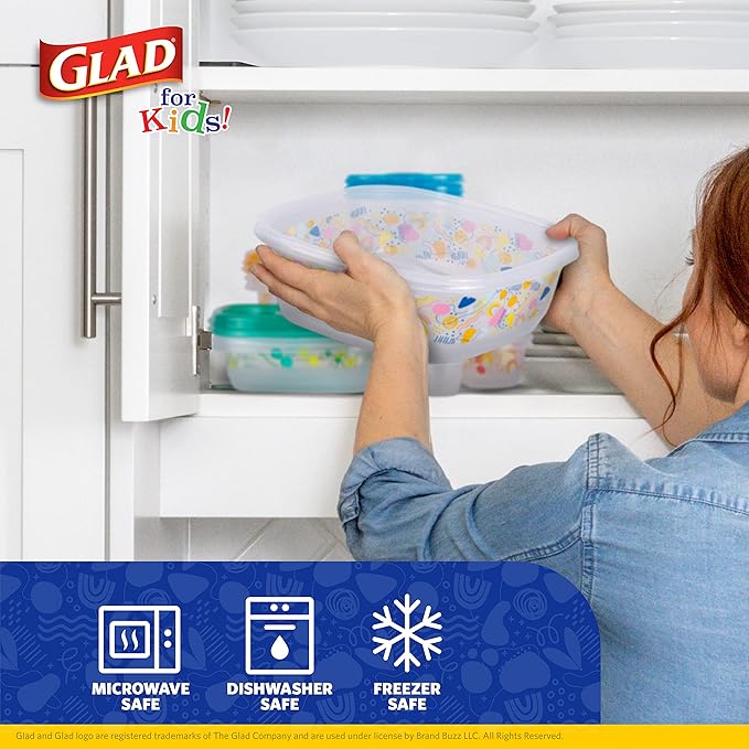 Glad for Kids GladWare Back to School Food Storage Containers with Lids, BPA Free Plastic Variety Pack Rainbow Patterns for Kids Lunches and Snacks, Microwave Freezer Dishwasher Safe, 26 Piece Set