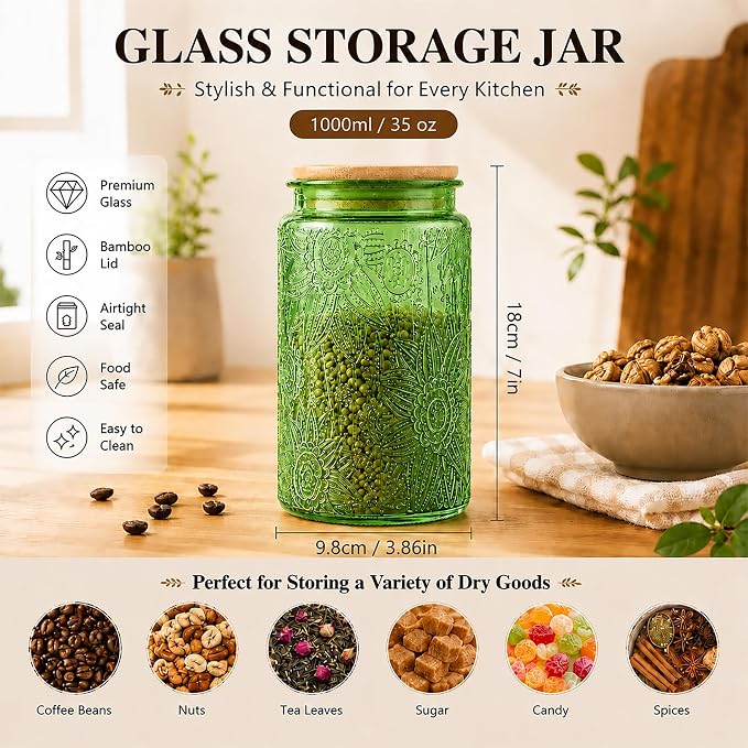 Custde Glass Storage Jars With Airtight Lid, 35oz Canister For Kitchen Counter with Bamboo Lid, brown sugar, candy, coffee, cookie, salt, tea,pantry cute Jar (Green, 35 fl oz)