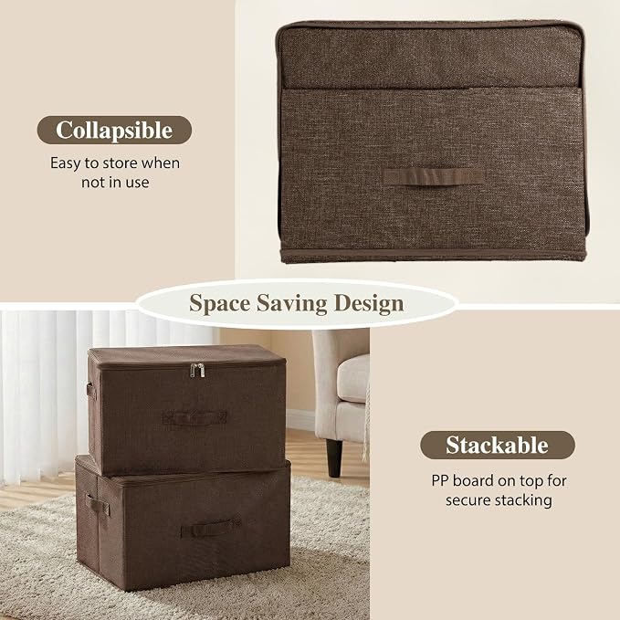 ANMINY Storage Bins with Zipper Lids 13 Qt Lidded Fabric Storage Boxes Baskets Cubes with Handles Collapsible Washable Cotton Linen Closet Shelf Clothes Organizer Containers - Coffee, Small
