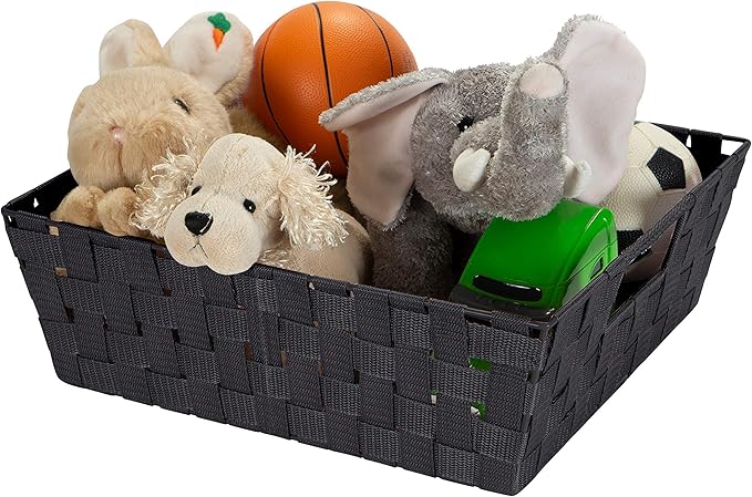 Simplify 15"x 13"x 5" Alloy Steel Rectangular Basket with 2 Built-in Carrying Handles, Black