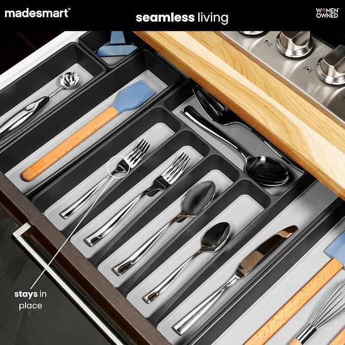 madesmart Classic 5 Compartment Silverware Tray with Soft Grip, Carbon | Standard drawer fit, nonslip feet, forks, knives, spoons, cutlery, flatware, branded icons