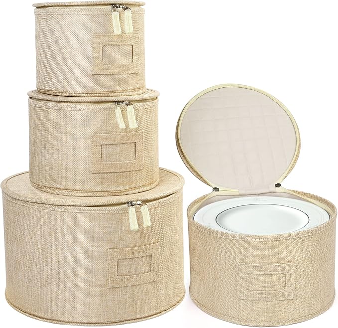 LotFancy China Storage Containers, Hard Shell, 4PCS Set, Dish Saucer Plate Storage Box for Moving, Stackable Dinnerware Organizer Bins with 48 Felt Dividers, Beige