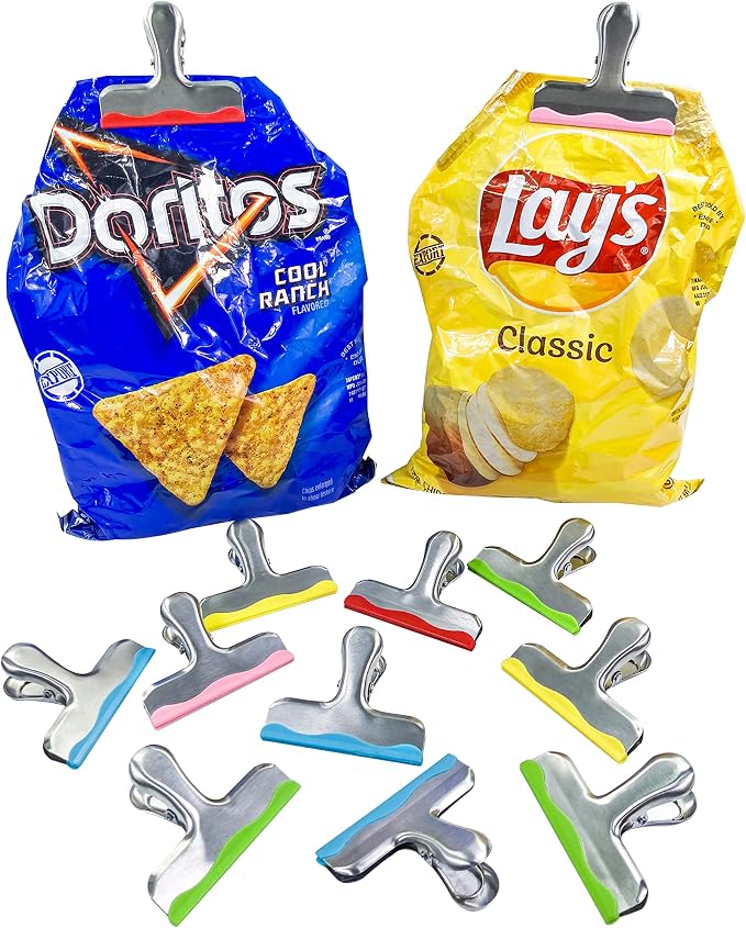 YARALL 8 Pack Metal Chip Clips with Silicone Edges – Heavy Duty Bag Clips for Food Packages, Kitchen, Office – Color Coded, Air Tight Extra Strong Clamps, 3 Inches Wide