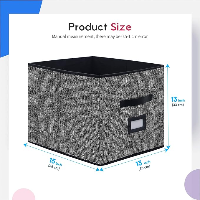Onlyeasy Extra Large Foldable Cloth Storage Cubes 4 Pack with Label Holders - Fabric Storage Bins Baskets Organizers for Home Office Nursery with Handles, 13 L x 15 W x 13 H Inch, Black, MXABXL04PLP