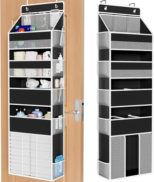 WISELIFE 5-Tier Over the Door Organizer for Hanging - 50LB Heavy-Duty Back of Door Organizer with 5 Spacious Pockets & 13 Mesh Pockets, Multipurpose Storage for Nursery, Bedroom, Closet(1 Pack, Black)